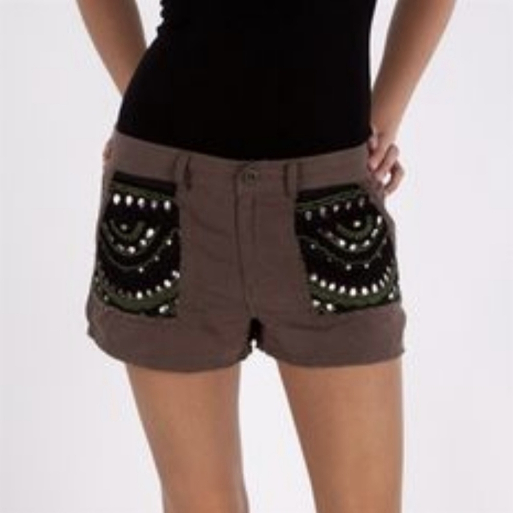 Free People Brown Cargo Shorts with Embellished Pockets